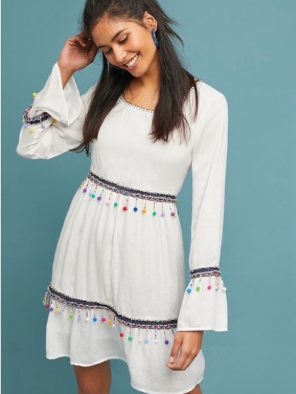 Anthropologie White Long-Sleeve Dress with Colorful Pom-Pom Trim